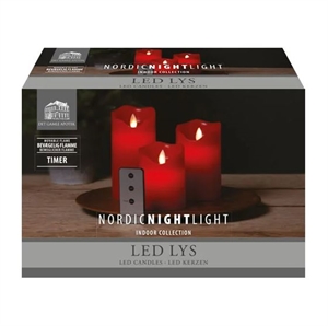LED Bloklys, pakke med 3 stk. Nordic Night Light. RØD